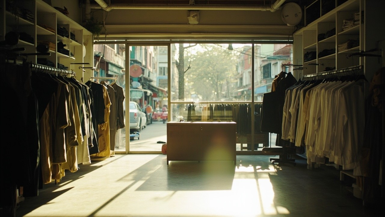 Menswear retail display inside a Vientiane shop