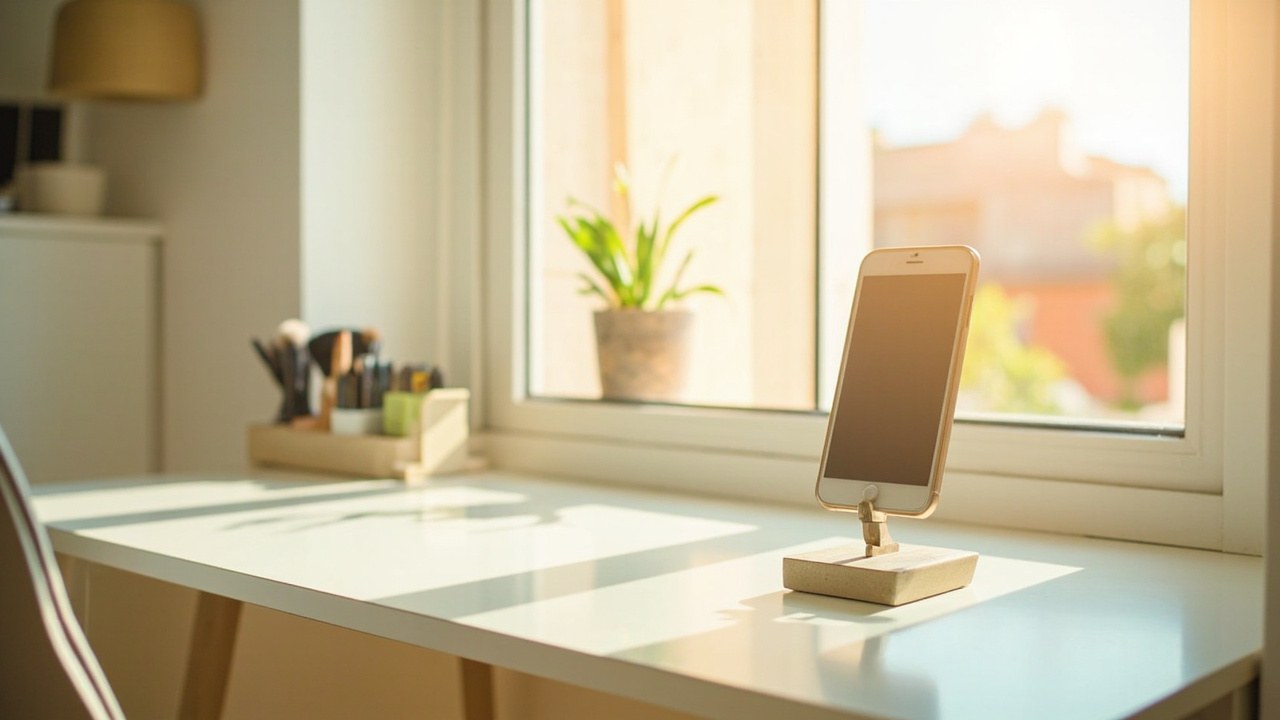 Phone stand and cosmetics organizer on a clean desk in a Madrid apartment